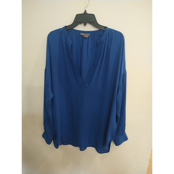 Vince 100% Silk V-neck Long Sleeve Blouse Blue Medium Boho Cottage Core Feminine - Picture 1 of 10